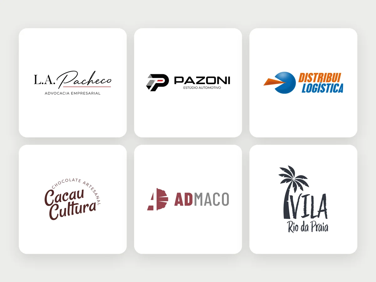 Logotipos criados por João Pedro Moreira: L.A. Pacheco, Pazoni, Distribui Logística, Cacau Cultura, Admaco e Vila Rio da Praia