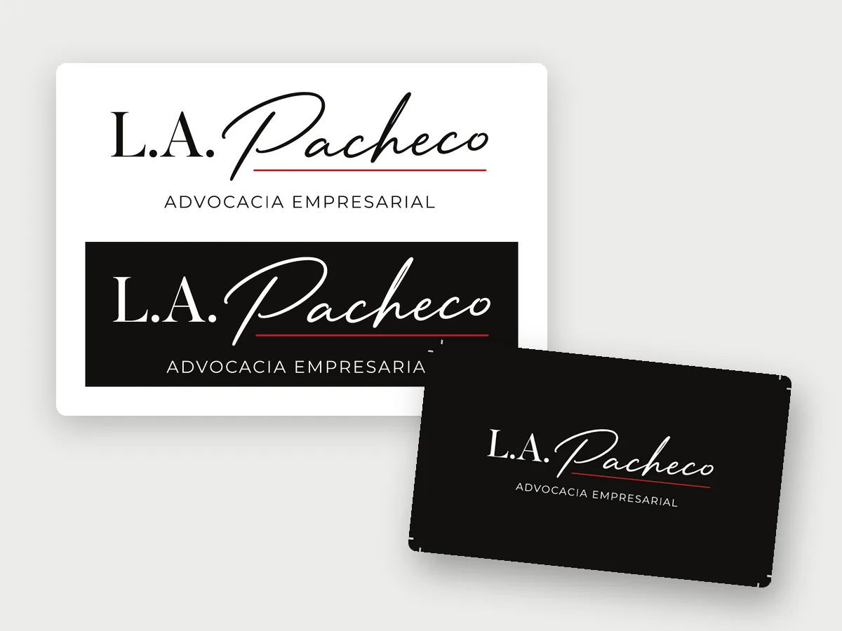 Identidade visual L.A. Pacheco Advocacia Empresarial: logo nas versões principal e negativa e cartão de visita