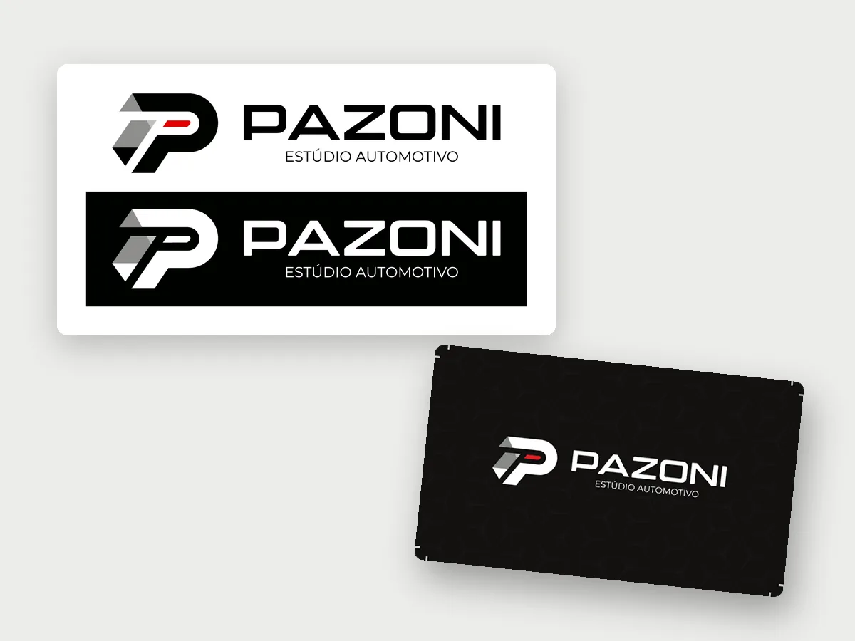 Identidade visual Pazoni Estúdio Automotivo: logo nas versões principal e negativa e cartão de visita